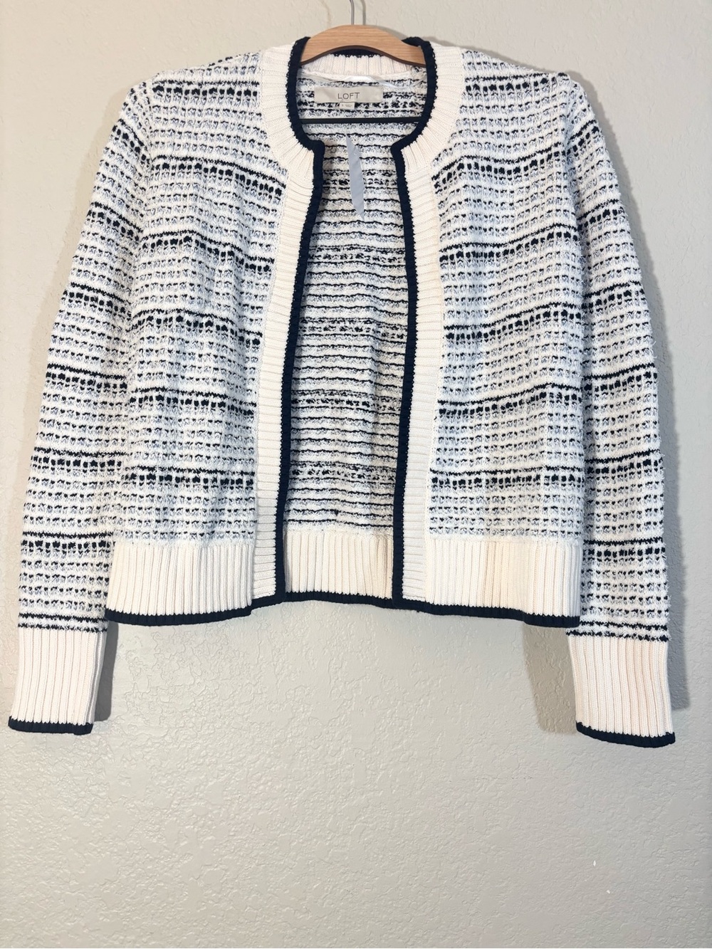 NWT Loft Blue White Stripe Tweed Textured Open Ribbed Cardigan Size S